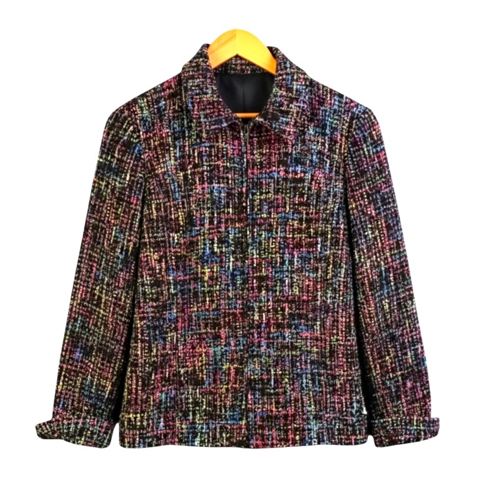 COLDWATER CREEK Full Zip Jacket Blazer Top BLACK/RAINBOW TWEED Pockets SIZE 14